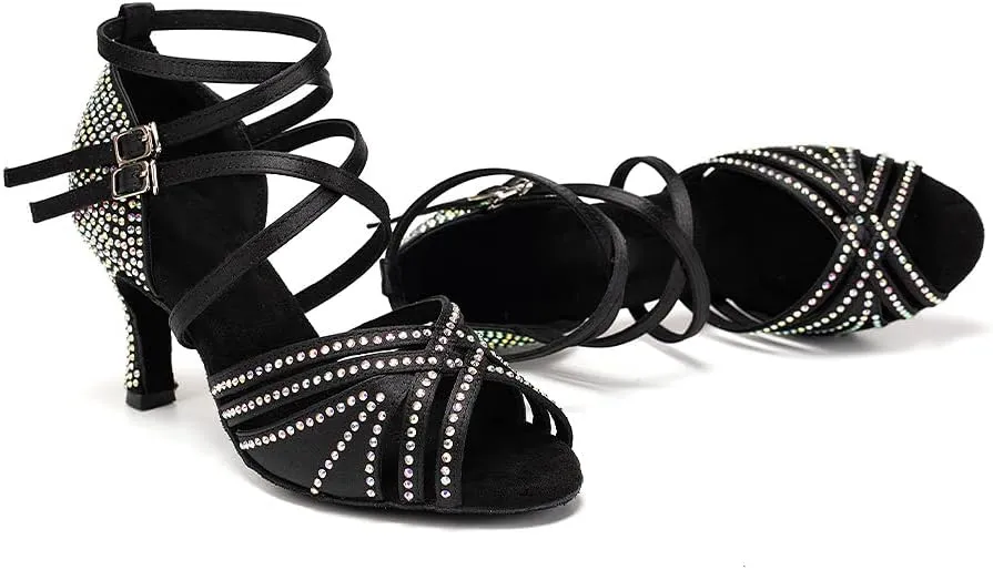 AOQUNFS Women Ballroom Dance Shoes Rhinestones Latin Salsa Practice Performance Dancing Shoes,Model D27-7.5cm