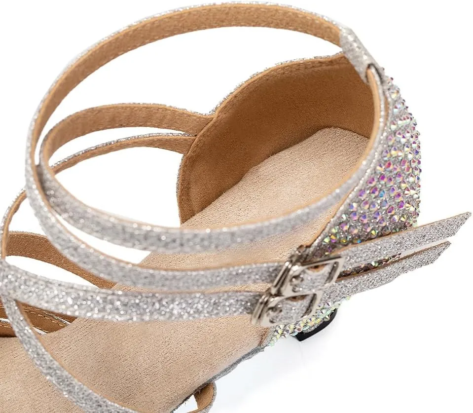 AOQUNFS Women Ballroom Dance Shoes Rhinestones Latin Salsa Practice Performance Dancing Shoes,Model D27-7.5cm