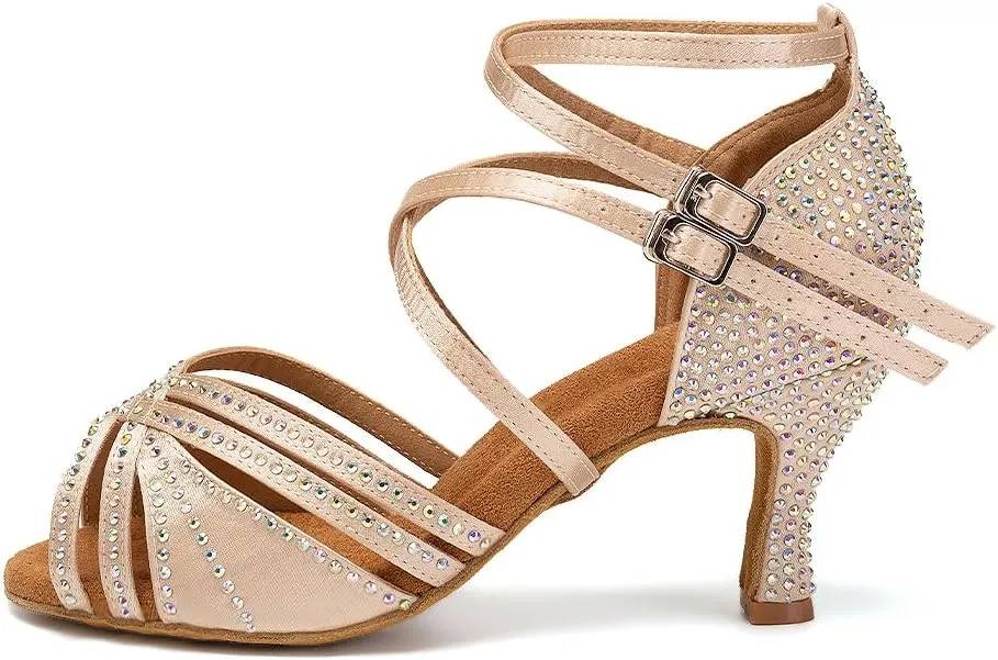 AOQUNFS Women Ballroom Dance Shoes Rhinestones Latin Salsa Practice Performance Dancing Shoes,Model D27-7.5cm