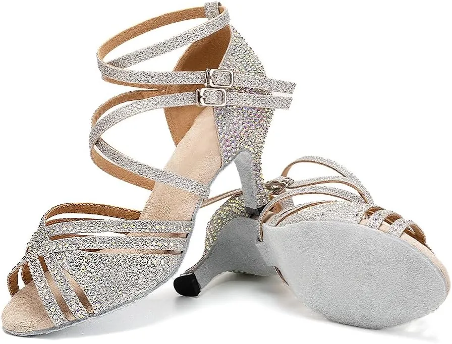 AOQUNFS Women Ballroom Dance Shoes Rhinestones Latin Salsa Practice Performance Dancing Shoes,Model D27-7.5cm