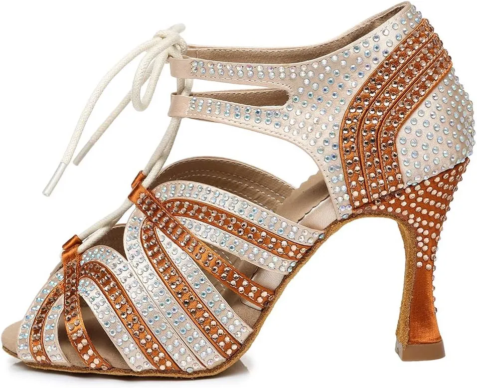AOQUNFS Women Rhinestone Ballroom Dance Shoes Latin Salsa Performance Practice Dancing Shoes,L453