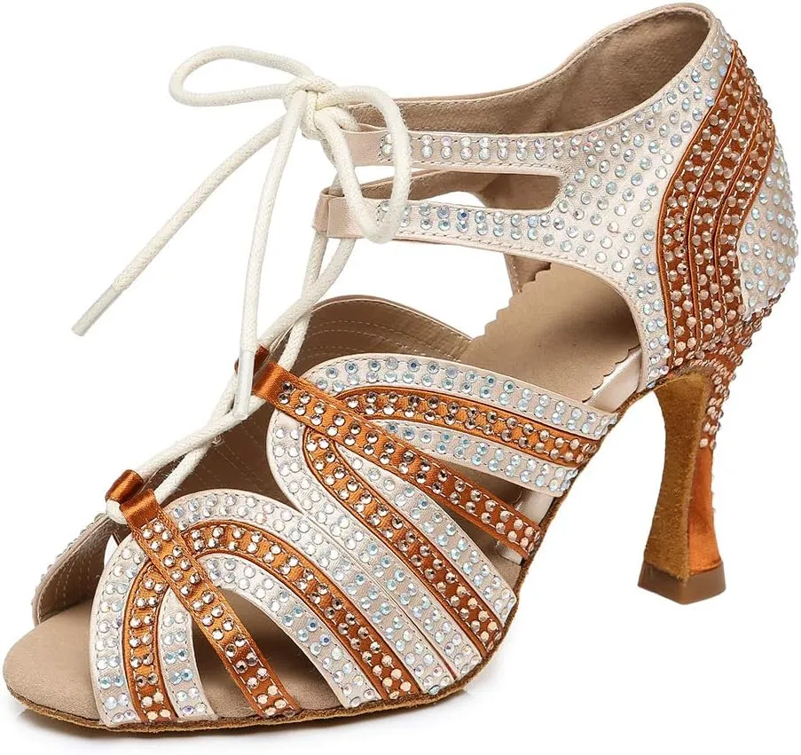 AOQUNFS Women Rhinestone Ballroom Dance Shoes Latin Salsa Performance Practice Dancing Shoes,L453