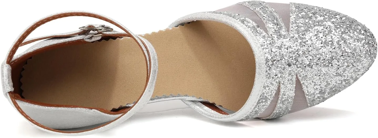 AOQUNFS Women's Latin Dance Shoes Closed Toe Sequin Ballroom Performance Party Dance Shoes,122
