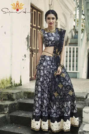 Black Chinese Floral Lehenga