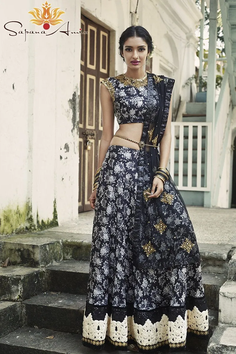 Black Chinese Floral Lehenga