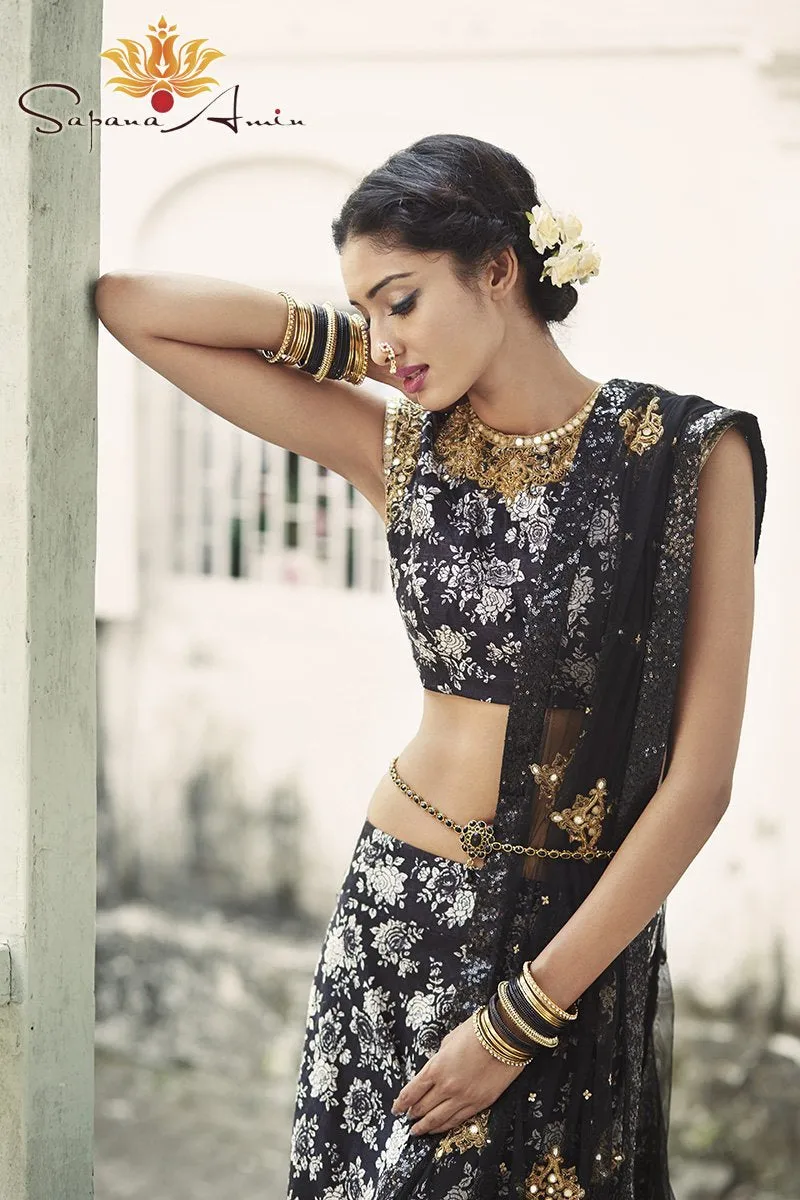 Black Chinese Floral Lehenga