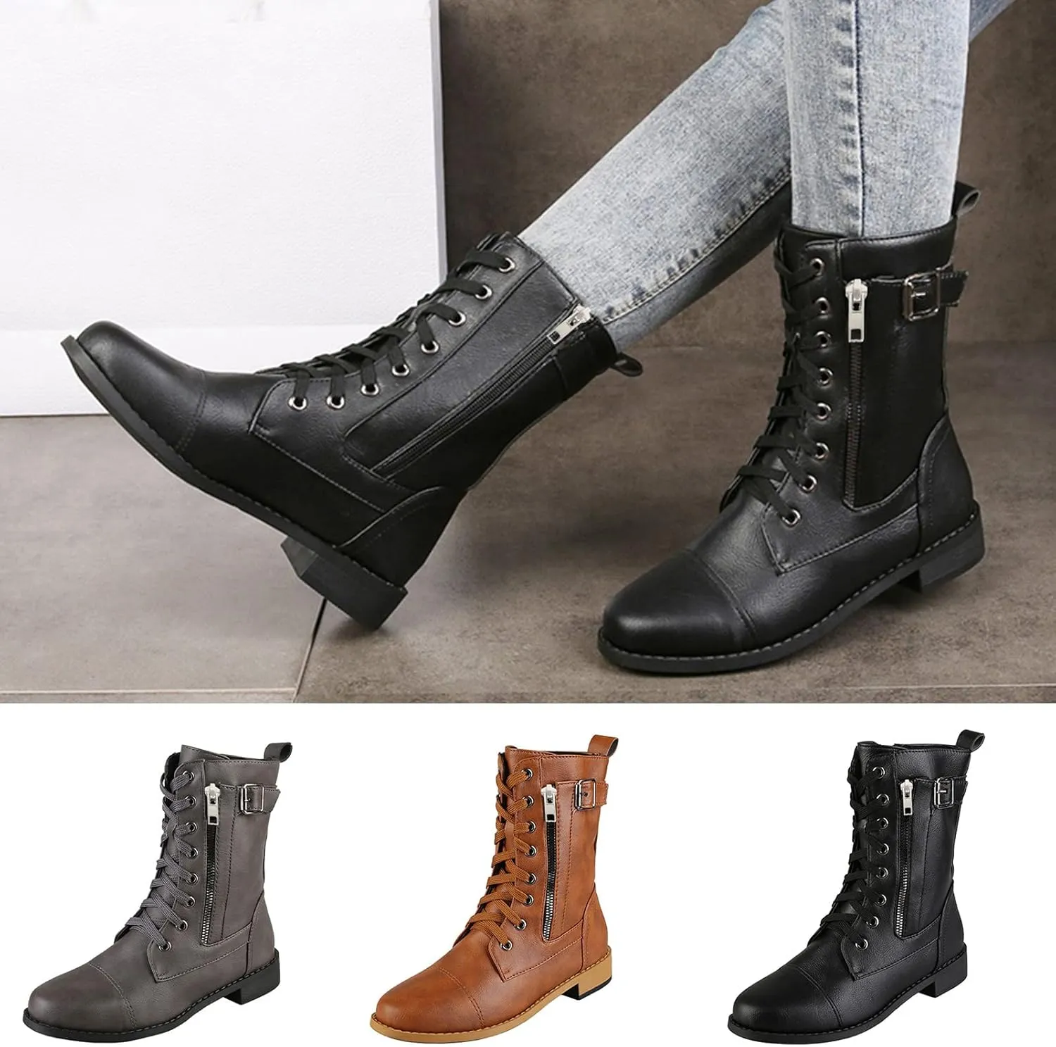 Black Combat Boots Women Boots for Women Combat Ankle Boots for Women Mid-Calf Side Zipper Motorcycle Work Boots