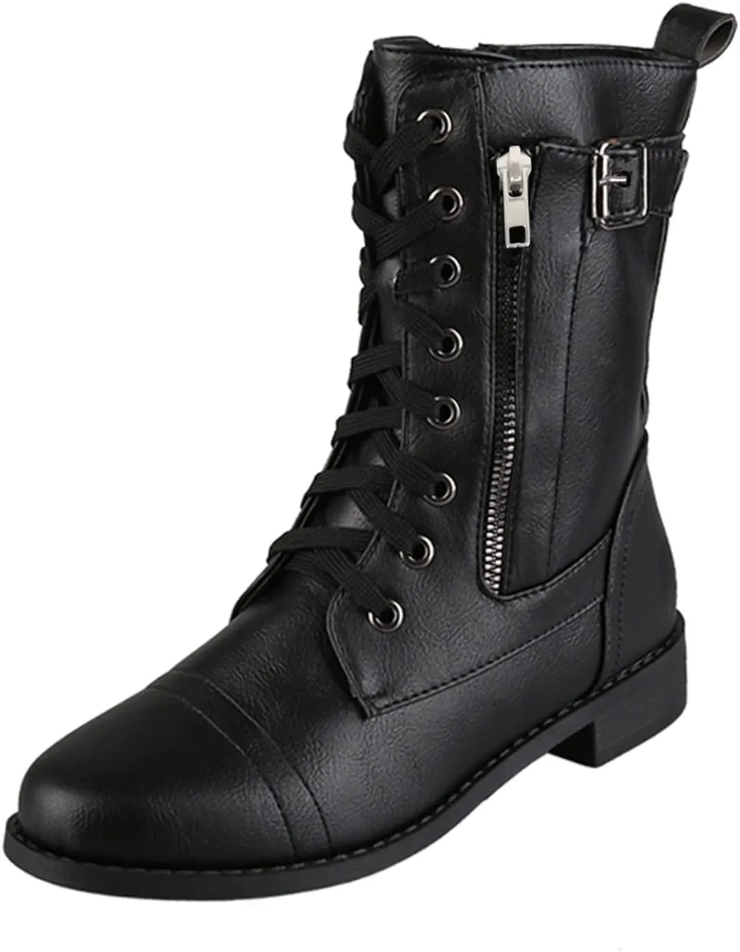 Black Combat Boots Women Boots for Women Combat Ankle Boots for Women Mid-Calf Side Zipper Motorcycle Work Boots