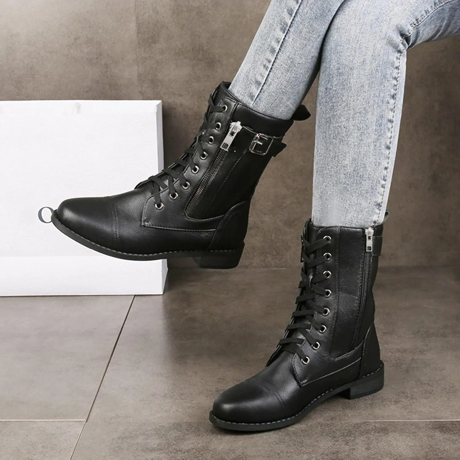Black Combat Boots Women Boots for Women Combat Ankle Boots for Women Mid-Calf Side Zipper Motorcycle Work Boots