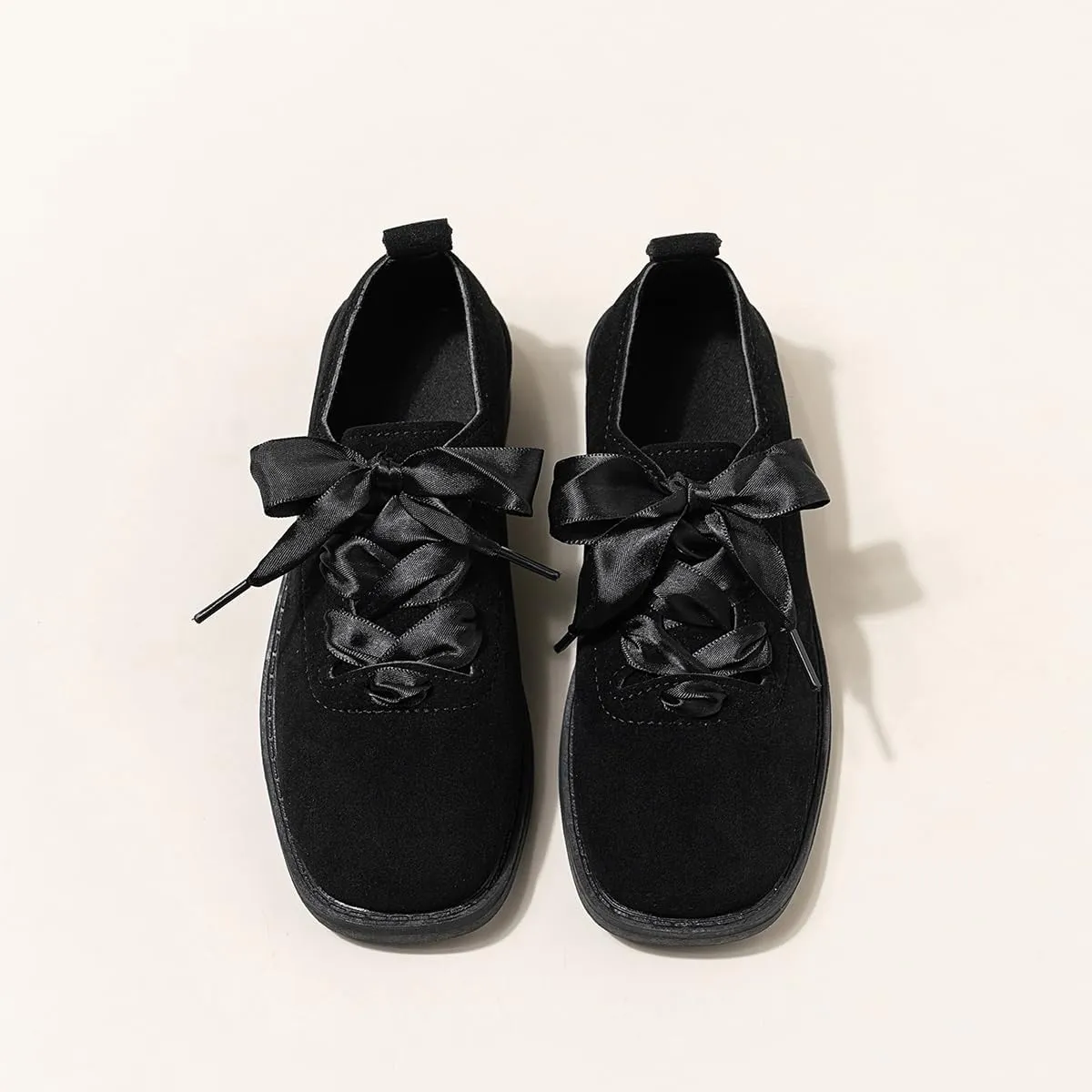 Black Platform Loafers for Children ?C Lace-Up Fashion Shoes with Butterfly Knot Decoration, Imitation Suede Material, Anti-Slip and Wear-Resistant