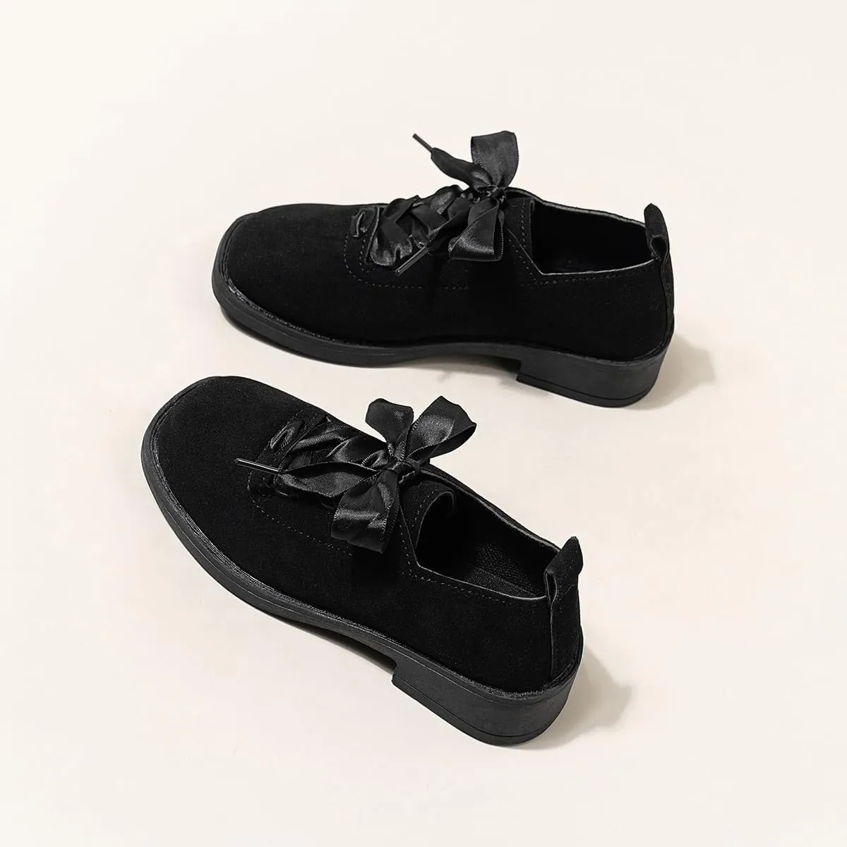Black Platform Loafers for Children ?C Lace-Up Fashion Shoes with Butterfly Knot Decoration, Imitation Suede Material, Anti-Slip and Wear-Resistant