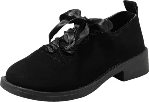 Black Platform Loafers for Children ?C Lace-Up Fashion Shoes with Butterfly Knot Decoration, Imitation Suede Material, Anti-Slip and Wear-Resistant