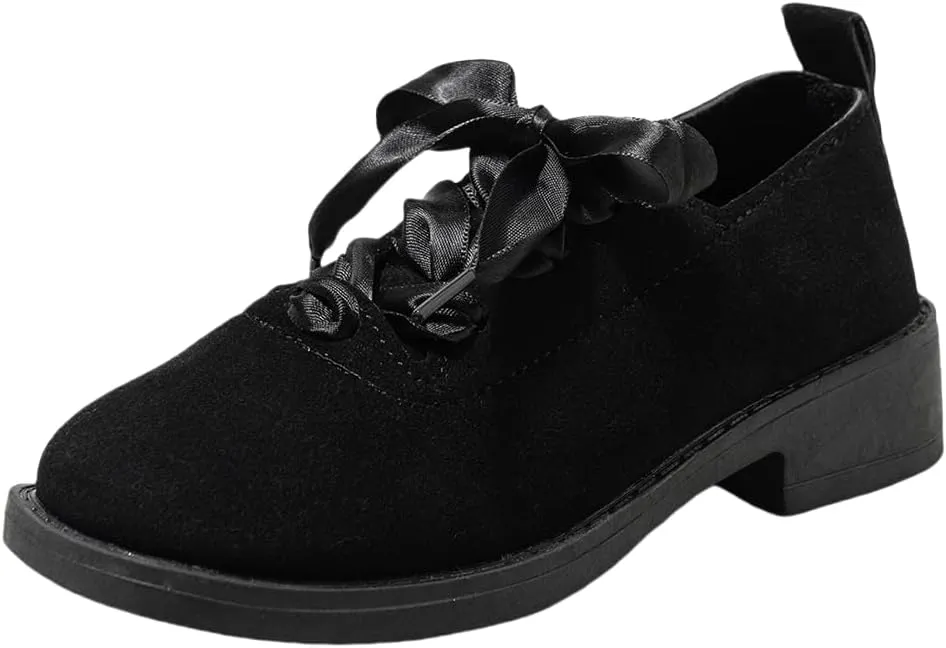 Black Platform Loafers for Children ?C Lace-Up Fashion Shoes with Butterfly Knot Decoration, Imitation Suede Material, Anti-Slip and Wear-Resistant