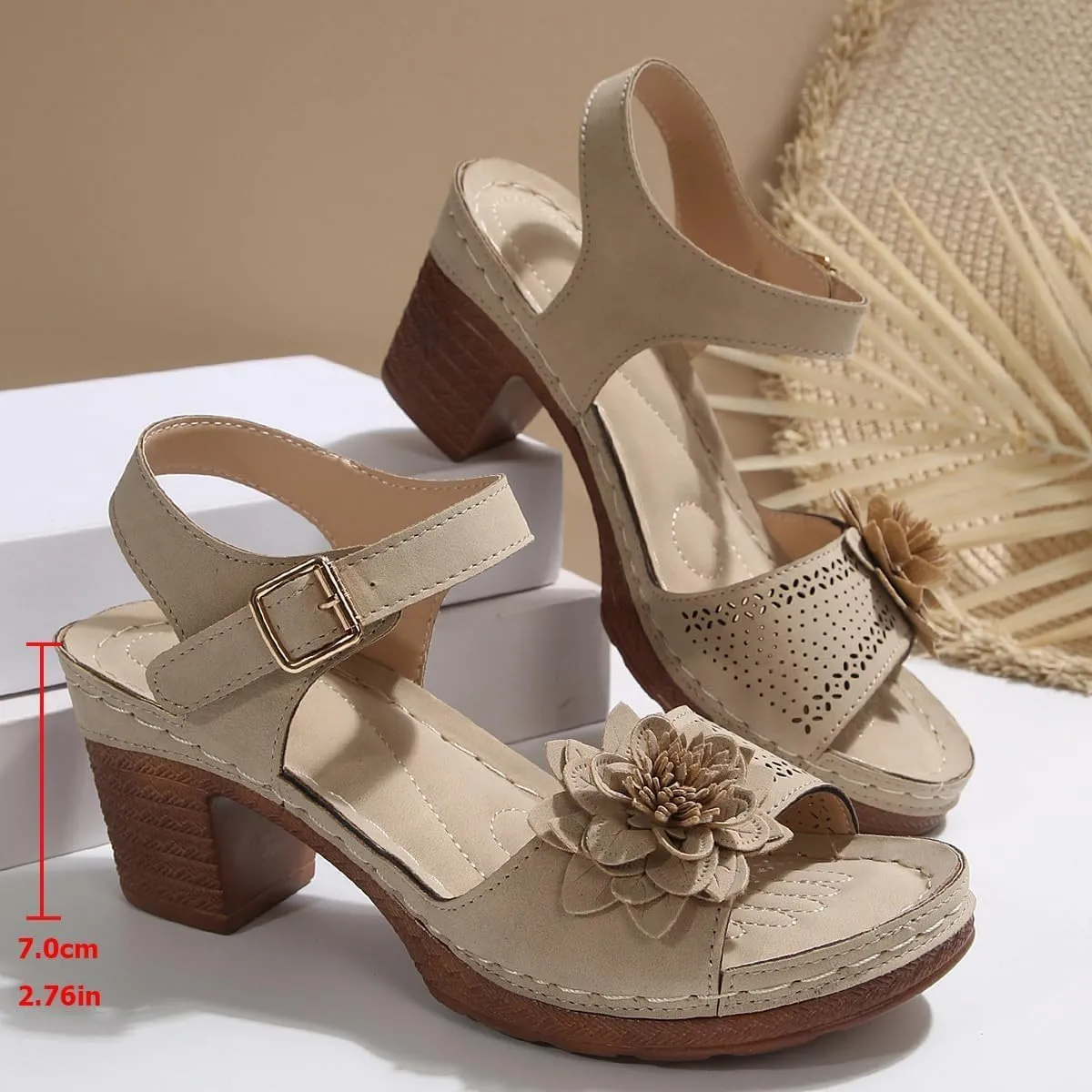 Block Heel Sandals For Women,Chunky High Block Heels Fish Mouth Flowers Sandals,2025 Summer Open Toe Ankle Buckle Strap Hollow Out Wedge Sandal Comfortable Orthopedic Non Slip Platform Shoes Vacation
