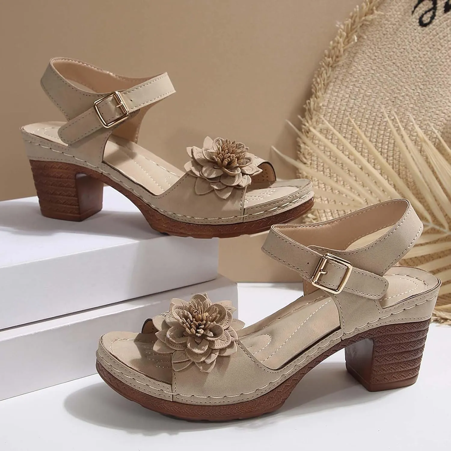 Block Heel Sandals For Women,Chunky High Block Heels Fish Mouth Flowers Sandals,2025 Summer Open Toe Ankle Buckle Strap Hollow Out Wedge Sandal Comfortable Orthopedic Non Slip Platform Shoes Vacation