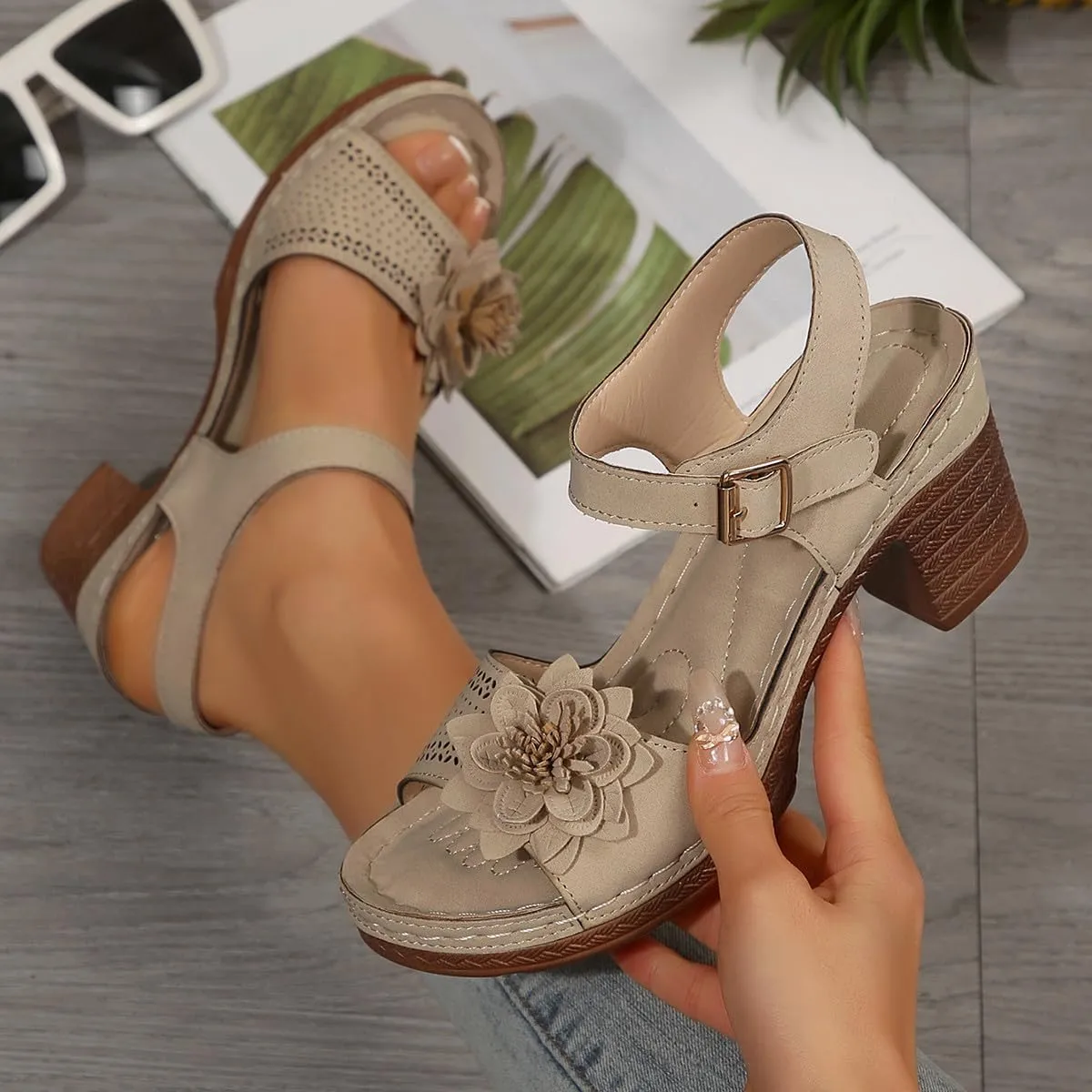 Block Heel Sandals For Women,Chunky High Block Heels Fish Mouth Flowers Sandals,2025 Summer Open Toe Ankle Buckle Strap Hollow Out Wedge Sandal Comfortable Orthopedic Non Slip Platform Shoes Vacation