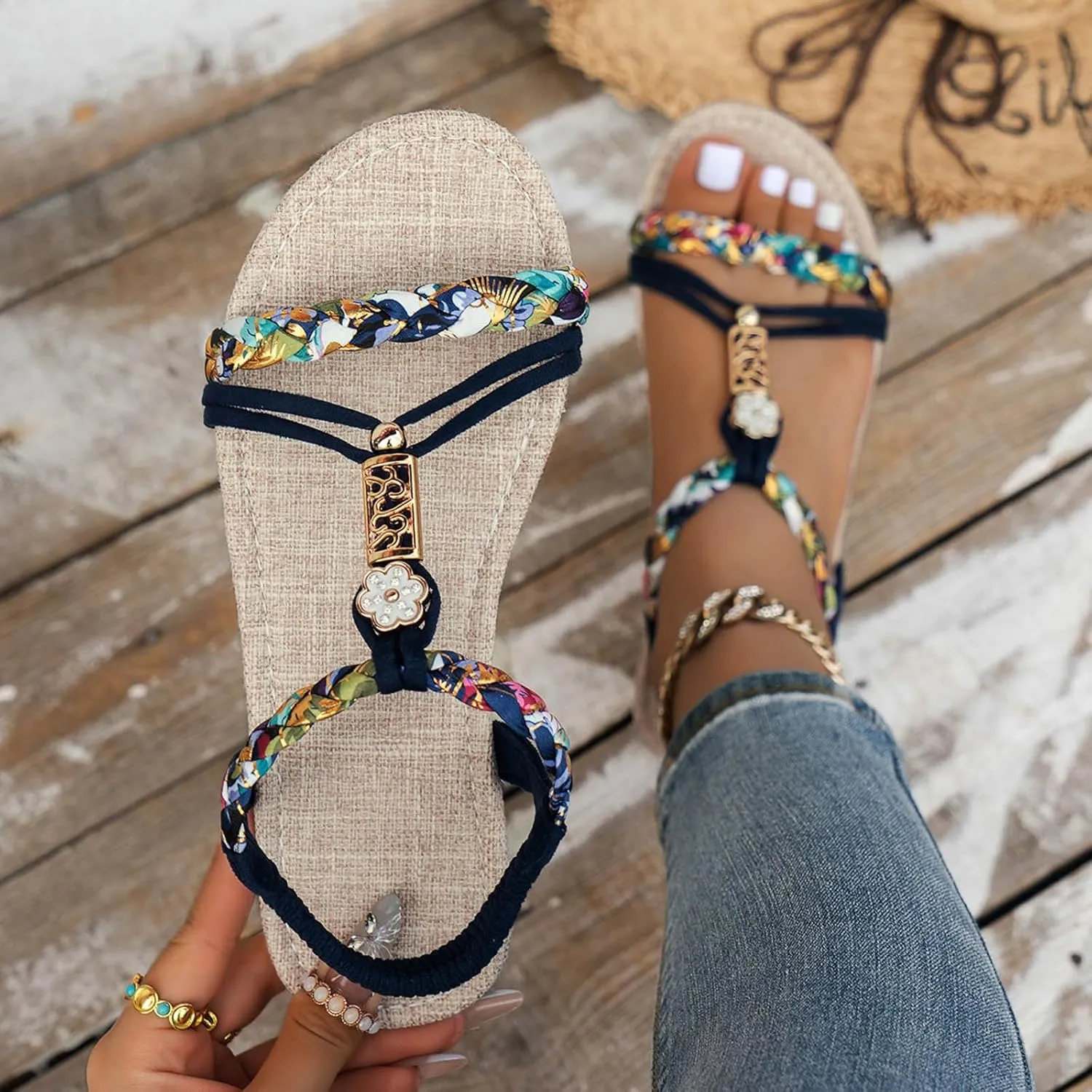 Casual Bohemian Beach Sandals Orthopedic Flat Sandals for Women Ankle Strap Flip Flops Open Toe Jeweled Wedge Sandal 2025 Dressy Comfortable Beach Vacation Shoes Boho Sandal