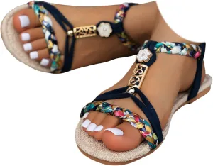 Casual Bohemian Beach Sandals Orthopedic Flat Sandals for Women Ankle Strap Flip Flops Open Toe Jeweled Wedge Sandal 2025 Dressy Comfortable Beach Vacation Shoes Boho Sandal
