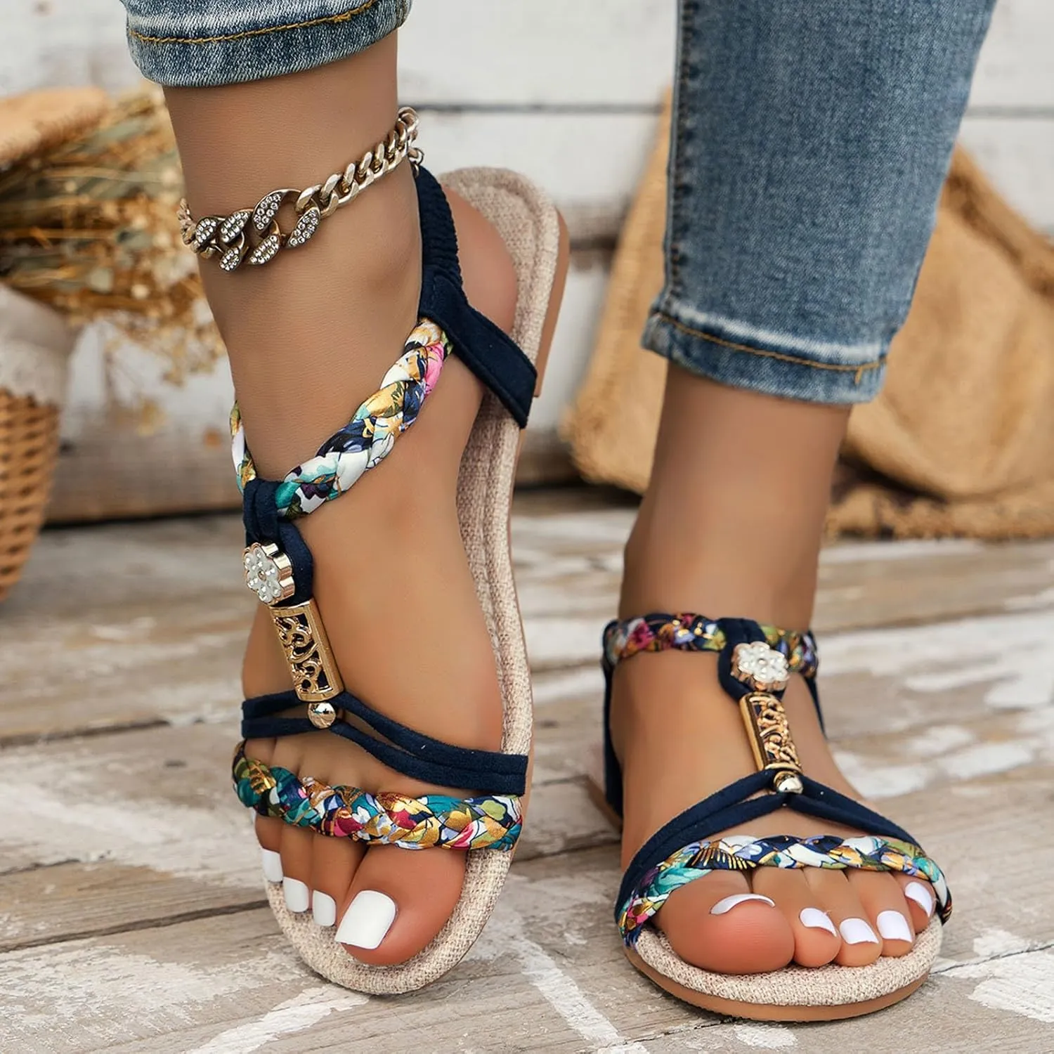 Casual Bohemian Beach Sandals Orthopedic Flat Sandals for Women Ankle Strap Flip Flops Open Toe Jeweled Wedge Sandal 2025 Dressy Comfortable Beach Vacation Shoes Boho Sandal