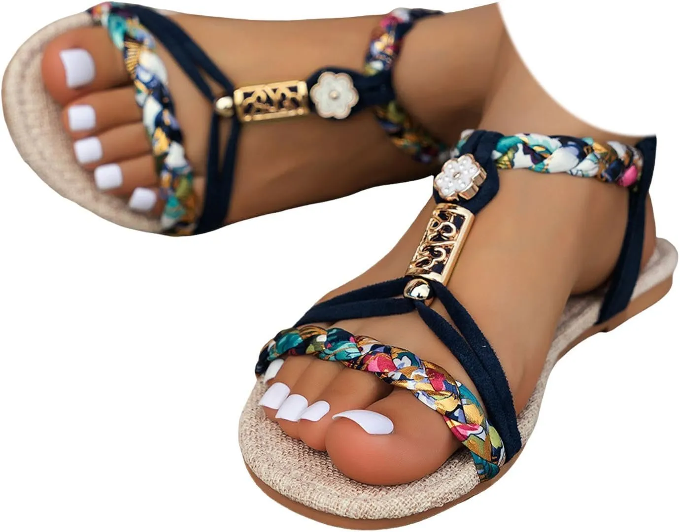 Casual Bohemian Beach Sandals Orthopedic Flat Sandals for Women Ankle Strap Flip Flops Open Toe Jeweled Wedge Sandal 2025 Dressy Comfortable Beach Vacation Shoes Boho Sandal