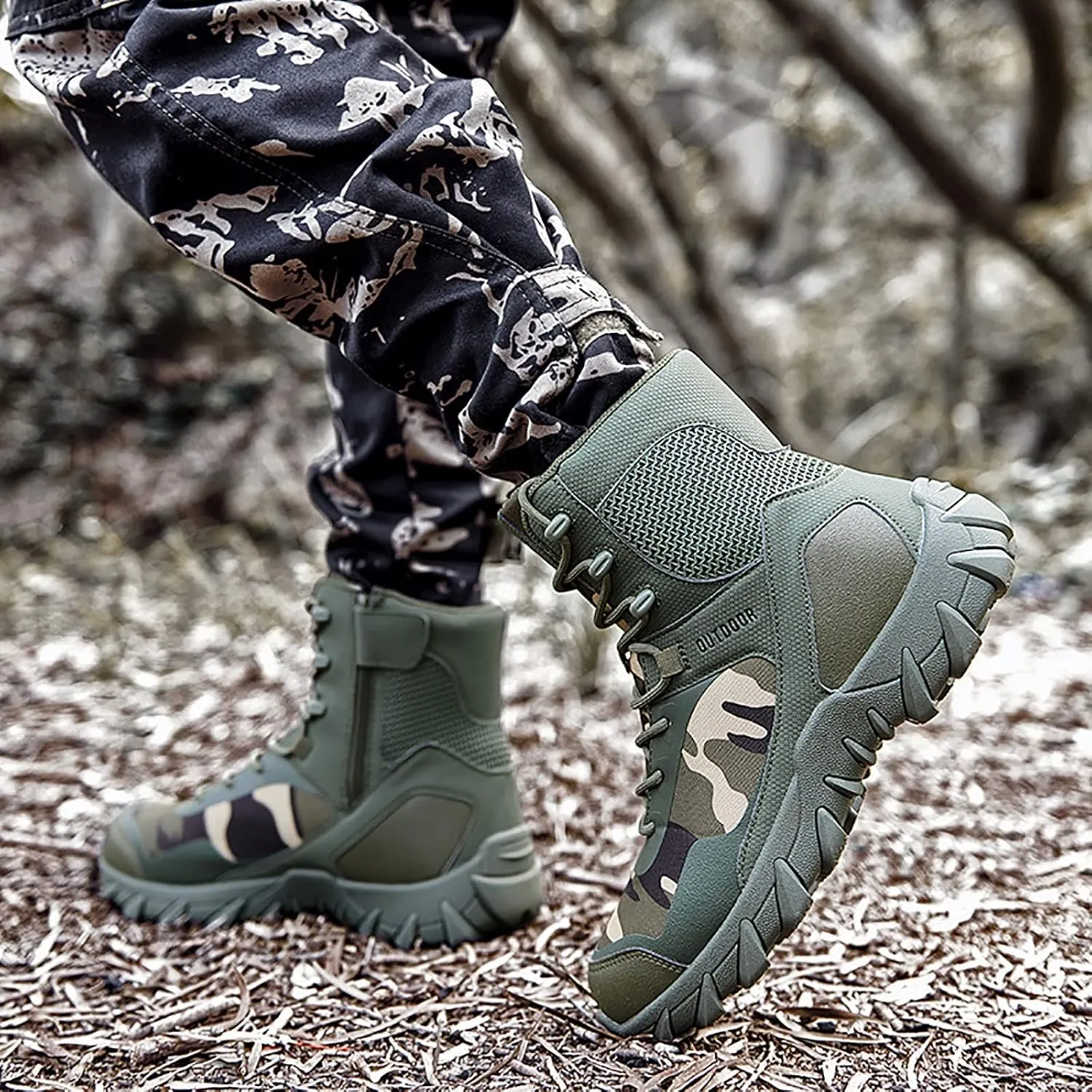 Casual Outdoor Hiking Shoes, Spring and Autumn High Top Waterproof Zipper Tactical Boots for Men, for Men's Field Training Tactical Camping Training Boots