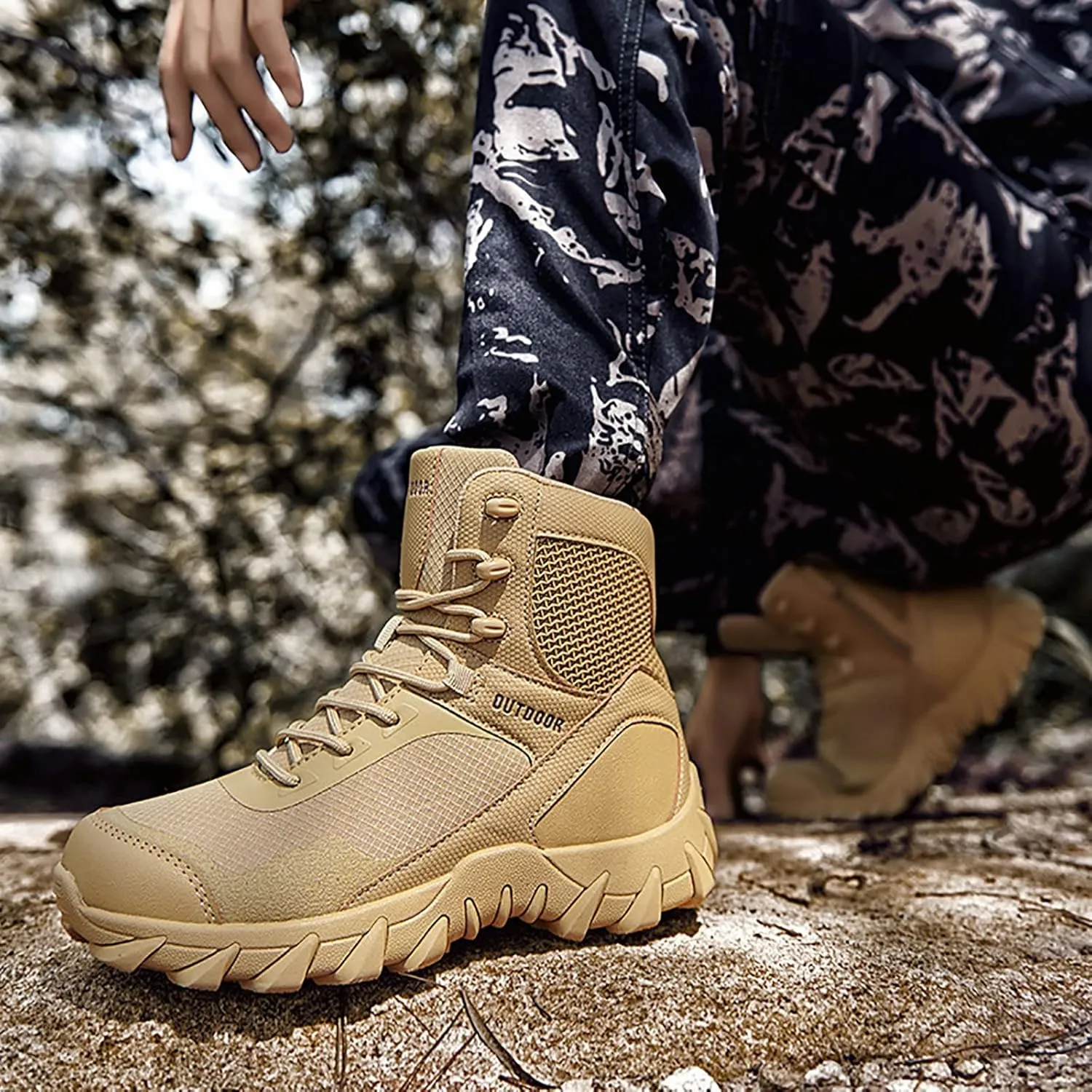Casual Outdoor Hiking Shoes, Spring and Autumn High Top Waterproof Zipper Tactical Boots for Men, for Men's Field Training Tactical Camping Training Boots