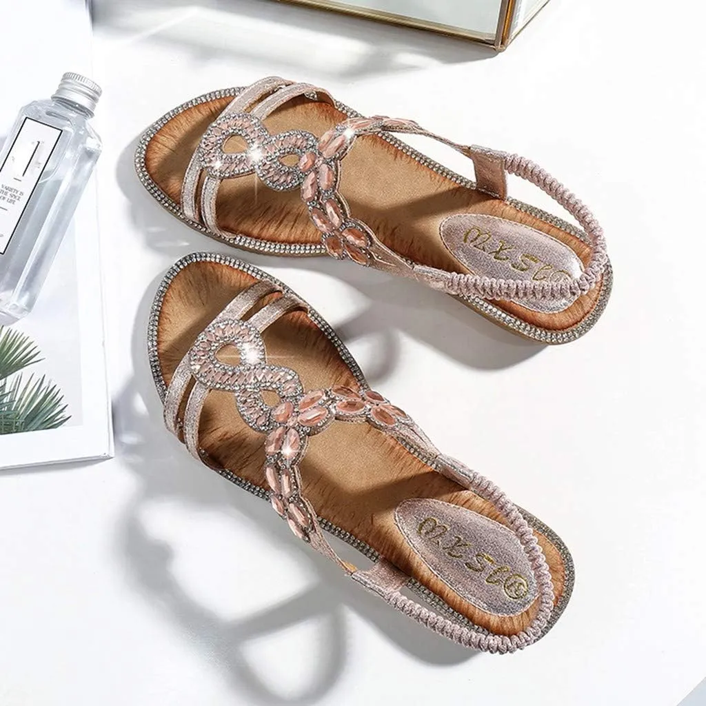 Casual Shoes Ladies Women Sandals Bling Flat Beach Flower Crystal Bohemia Summer Women's Water Hiking Shoes