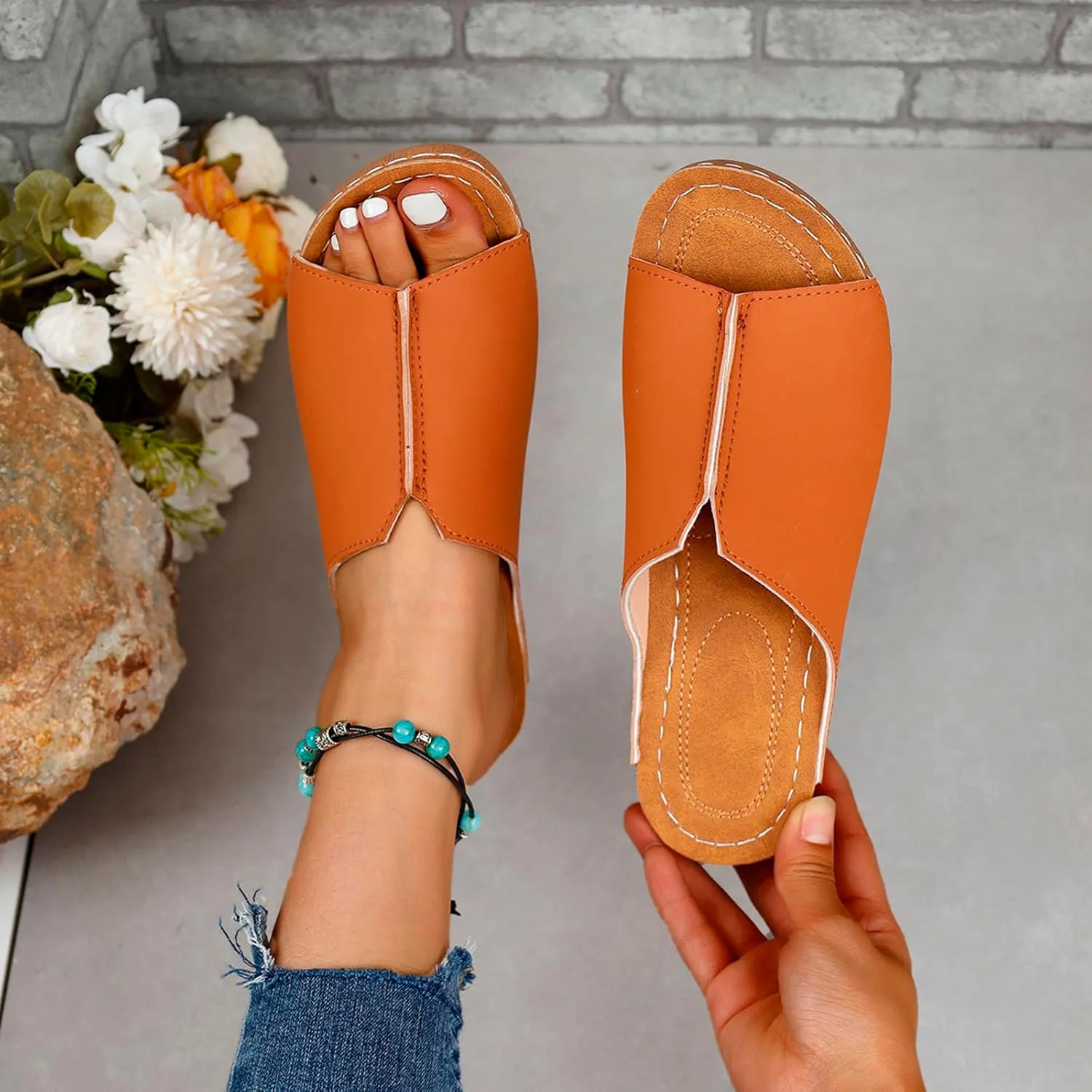 Cathalem Women's Comfortable Arch Support Sandals, Brown, Flat Sandals