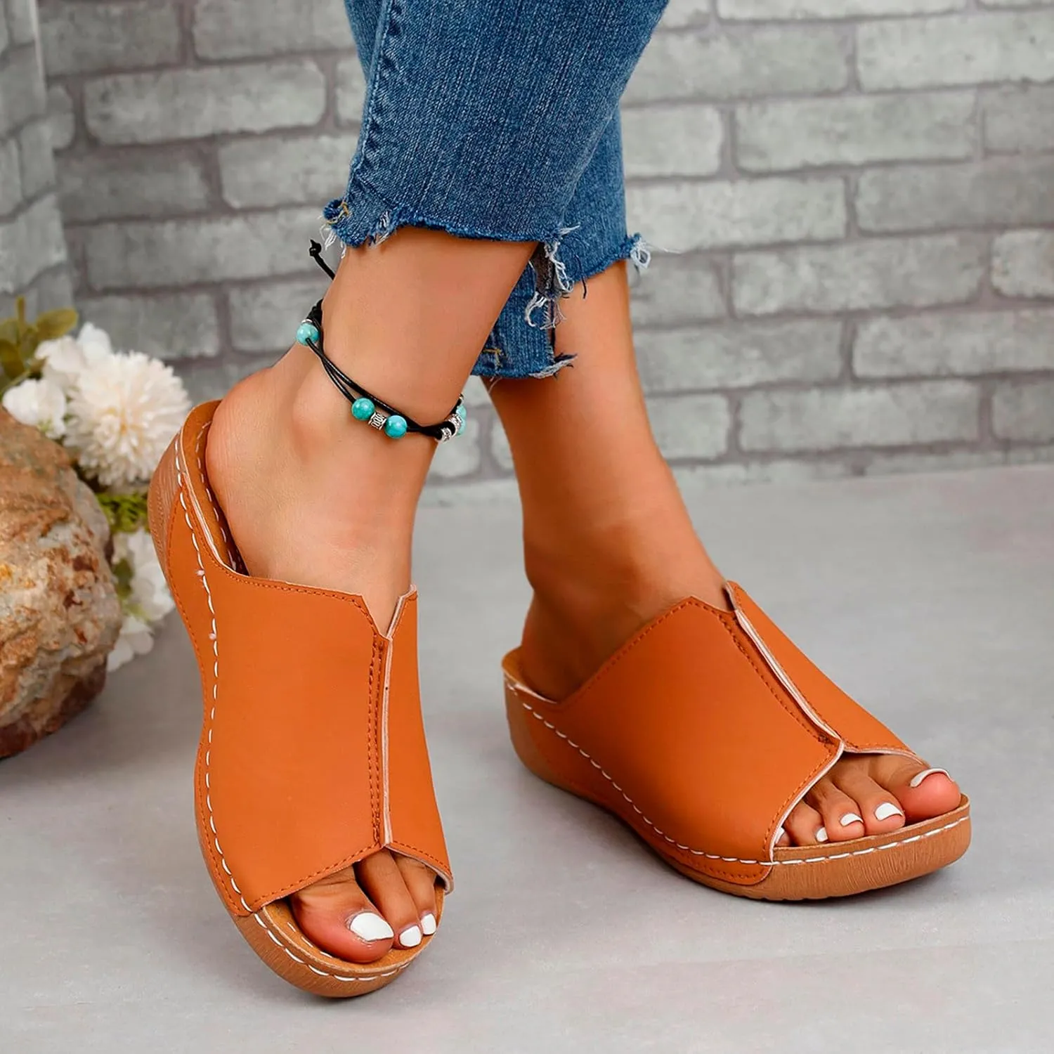 Cathalem Women's Comfortable Arch Support Sandals, Brown, Flat Sandals