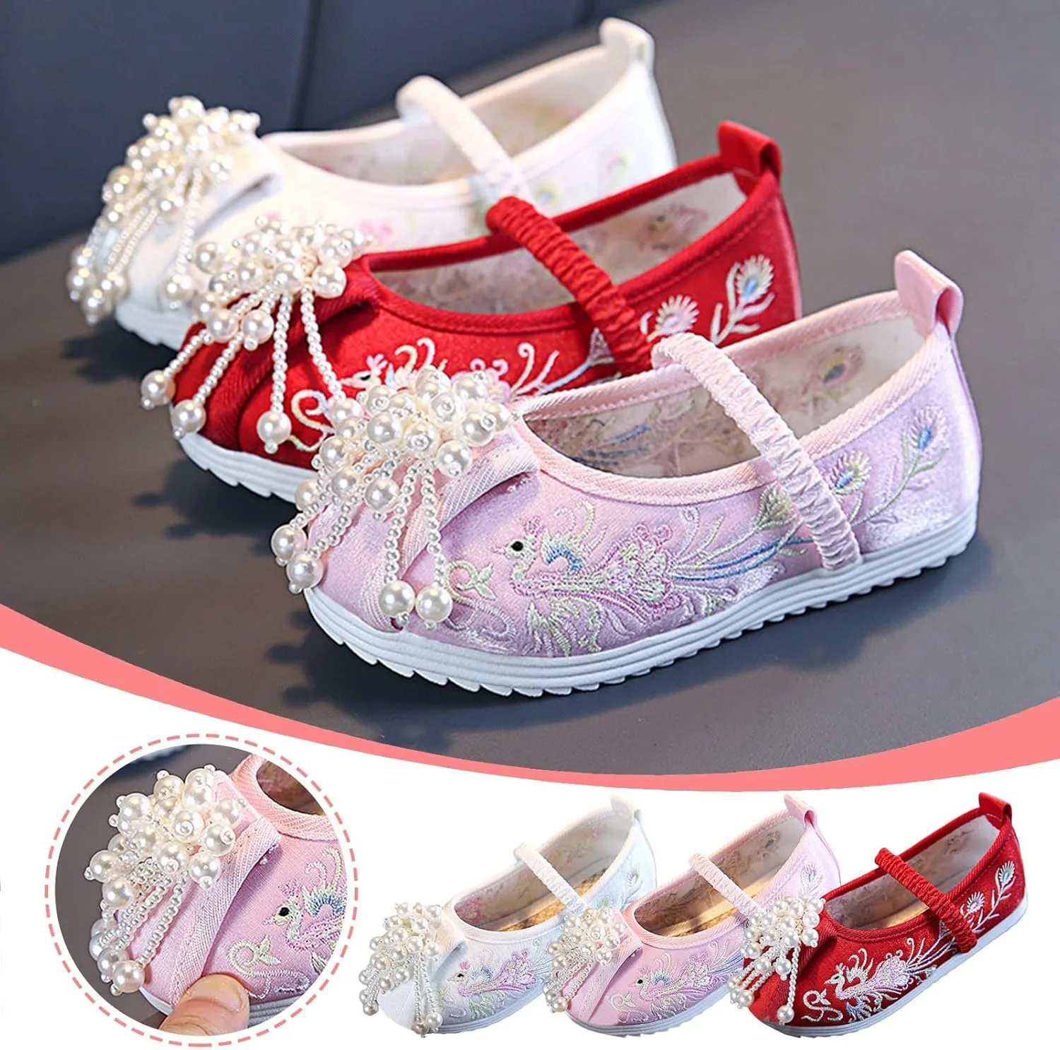 Children's Girls Embroidered Hanfu Shoes Antiquity Cheongsam Shoes Jade Beads Performance Summer Shoes