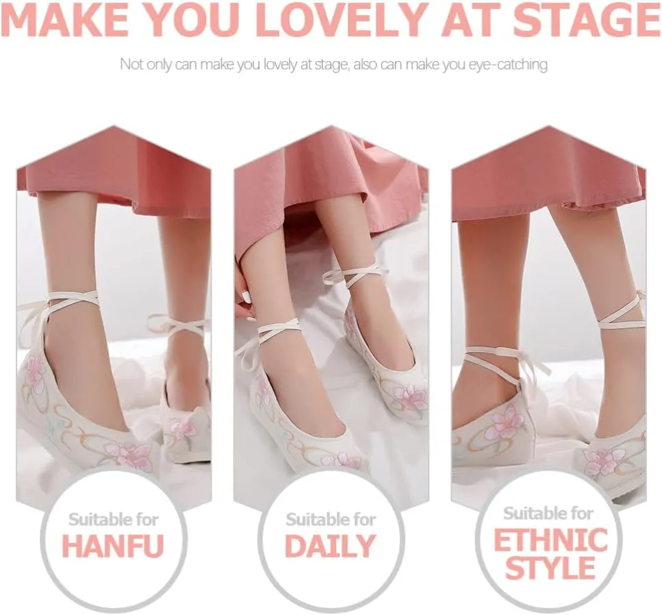 Chinese Ancient Embroidered Hanfu Shoes: 1 Pair Chinese Style Shoes Cloth Vintage Embroidery Mary Lace- up Shoes for Ladies Girls