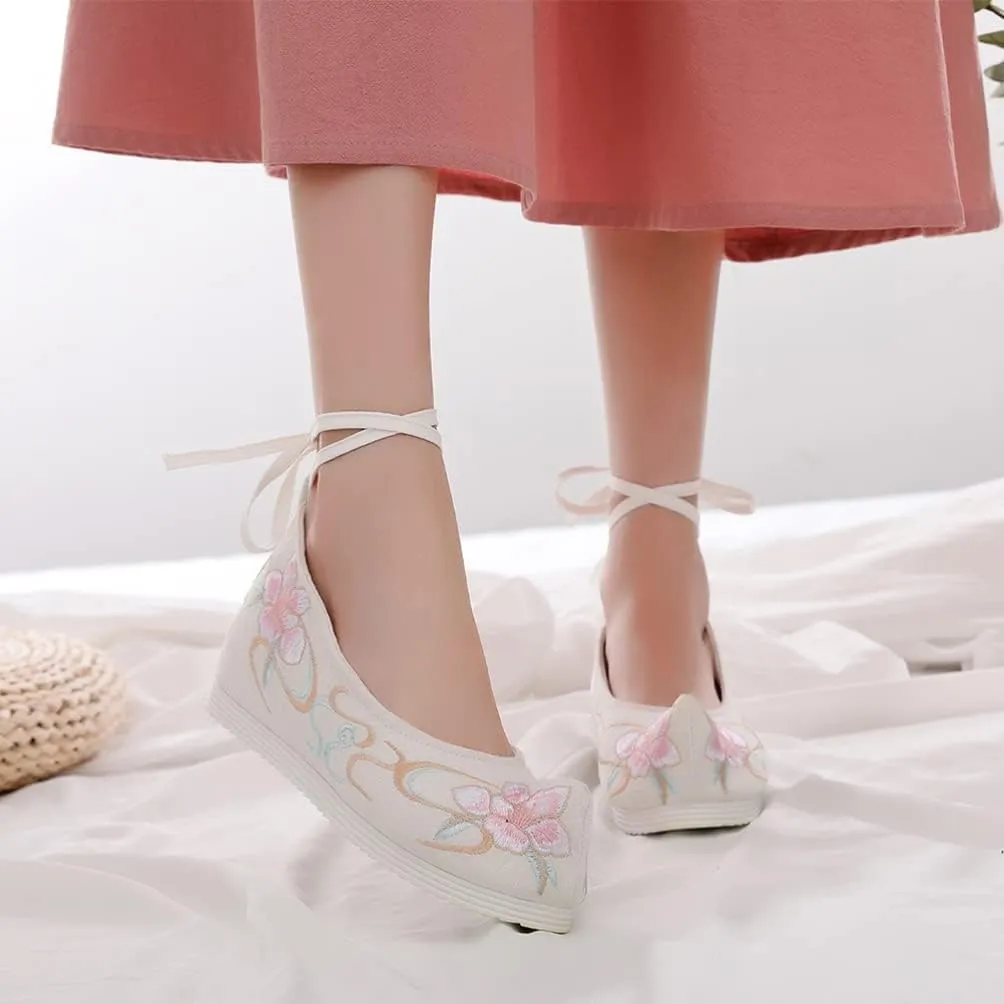 Chinese Ancient Embroidered Hanfu Shoes: 1 Pair Chinese Style Shoes Cloth Vintage Embroidery Mary Lace- up Shoes for Ladies Girls