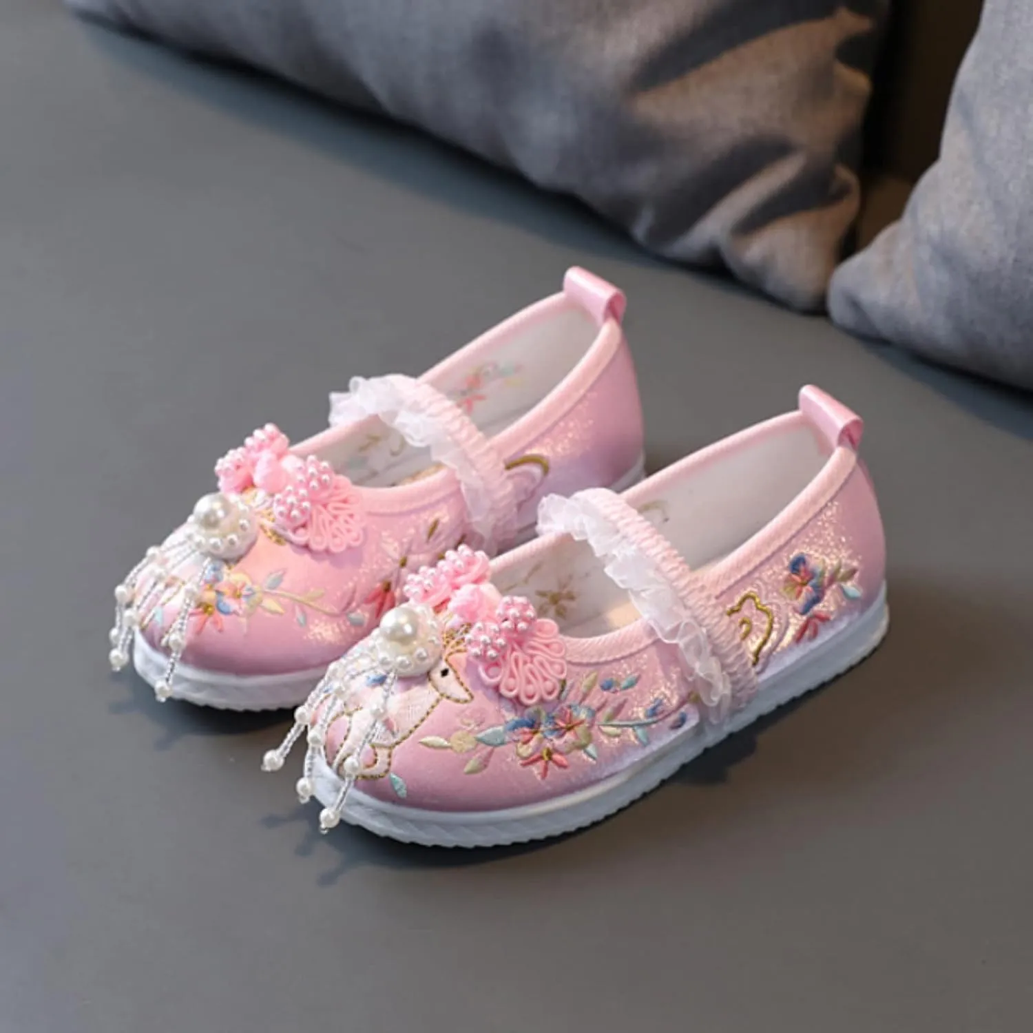 Chinese Traditional Embroidered Costume Shoes Girls Ancient Round Toe Floral Flat?? Fairy Cheongsam Dress Up Shoes