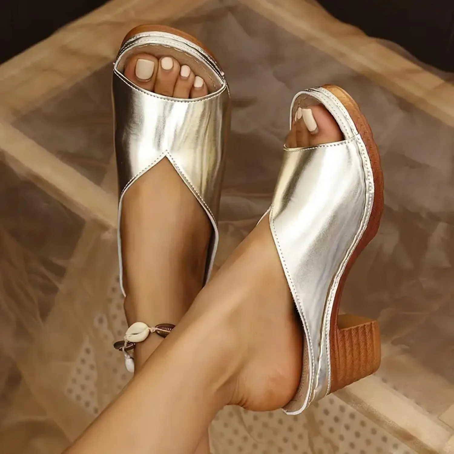 Chunky Heel Sandals for Women Elegant Business Casual Dressy Sandals Soft Slip On Wedges Comfortable Lightweight Shoes Open Toe Slides for Beach Vacation Summer Walking Sandal