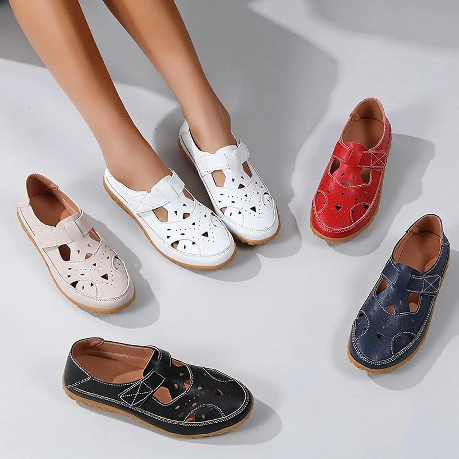 Closed Toe Sandals for Women 2025 Dressy Summer Comfortable Flat Sandals with Arch Support Breathable Hollow Out Flat Shoes Wide Width Orthopedic Sandal Dress Shoes