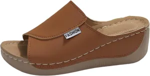 Comfortable Arch Support Slides Women's Solid Color Sandals Breathable Summer Orthotic Leather Platform Wedge Slip on All Day Walking Casual Sandal 2025 Shoes Comfort Wedges