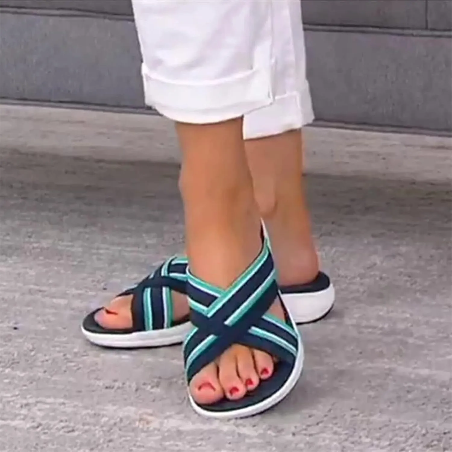 Comfortable Recovery Orthopedic Walking Sandals Damping Sole Upgradation Stretch with Arch Support Sandals Slide 2025 Summer Open Toe Slip-on Flat Slipper Comfy Criss Cross Beach Shoes