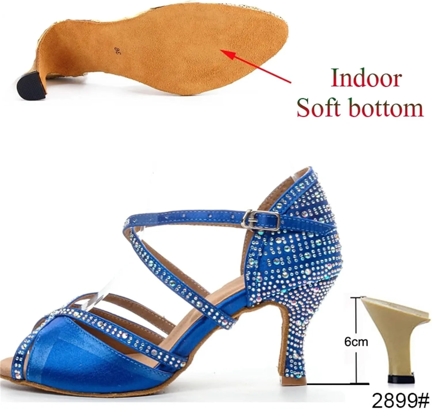 Dancing Shoes for Woman Latin Dance Shoes Women Salsa Tango Ballroom Party Women Shoes Rhinestone Heeled Sandals(Indoor Blue 6cm,41)