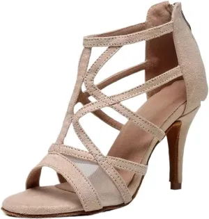 Dancing Shoes for Woman Women Latin Salsa Dance Shoes Peep Toe Suede Sole Boots Ballroom Professional Dancing Shoes(Skin 9.5cm,35)