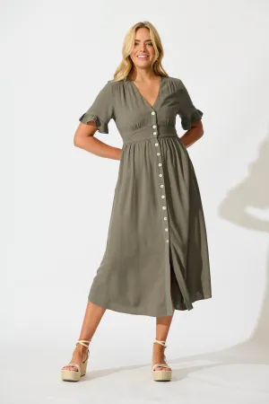 Daysia Midi Dress in Khaki Linen Blend