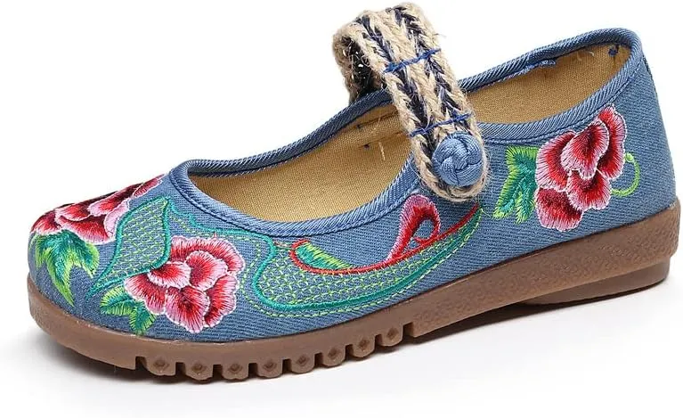 Dear Time Women's Embroidered Flower Cloth Flat Shoes Ethnic Chinese Style Round Toe Mary Jane Ballet Oxfords Shoes