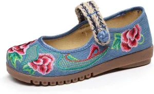 Dear Time Women's Embroidered Flower Cloth Flat Shoes Ethnic Chinese Style Round Toe Mary Jane Ballet Oxfords Shoes