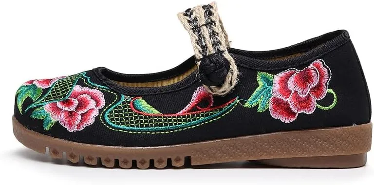 Dear Time Women's Embroidered Flower Cloth Flat Shoes Ethnic Chinese Style Round Toe Mary Jane Ballet Oxfords Shoes