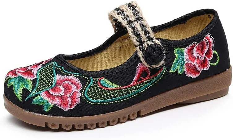 Dear Time Women's Embroidered Flower Cloth Flat Shoes Ethnic Chinese Style Round Toe Mary Jane Ballet Oxfords Shoes