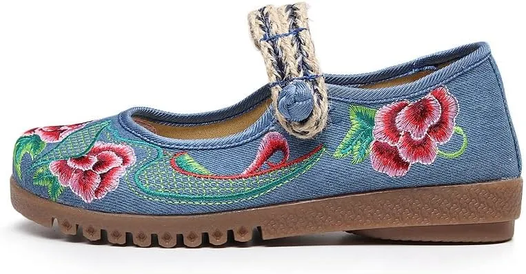 Dear Time Women's Embroidered Flower Cloth Flat Shoes Ethnic Chinese Style Round Toe Mary Jane Ballet Oxfords Shoes