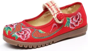 Dear Time Women's Embroidered Flower Cloth Flat Shoes Ethnic Chinese Style Round Toe Mary Jane Ballet Oxfords Shoes