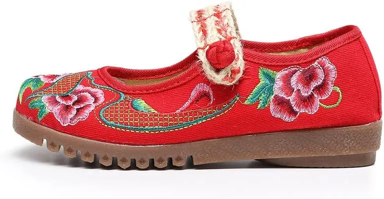 Dear Time Women's Embroidered Flower Cloth Flat Shoes Ethnic Chinese Style Round Toe Mary Jane Ballet Oxfords Shoes