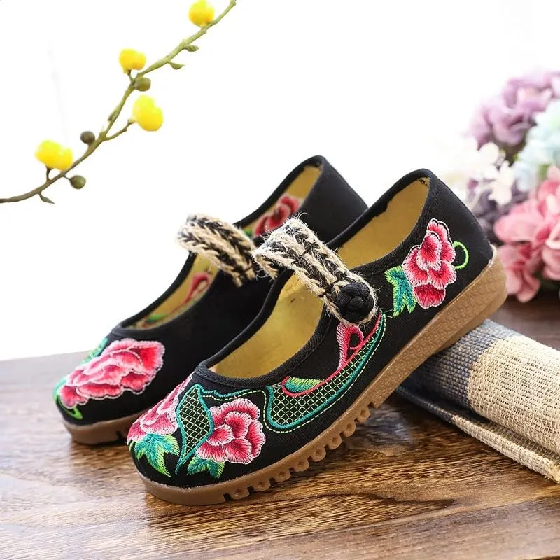 Dear Time Women's Embroidered Flower Cloth Flat Shoes Ethnic Chinese Style Round Toe Mary Jane Ballet Oxfords Shoes