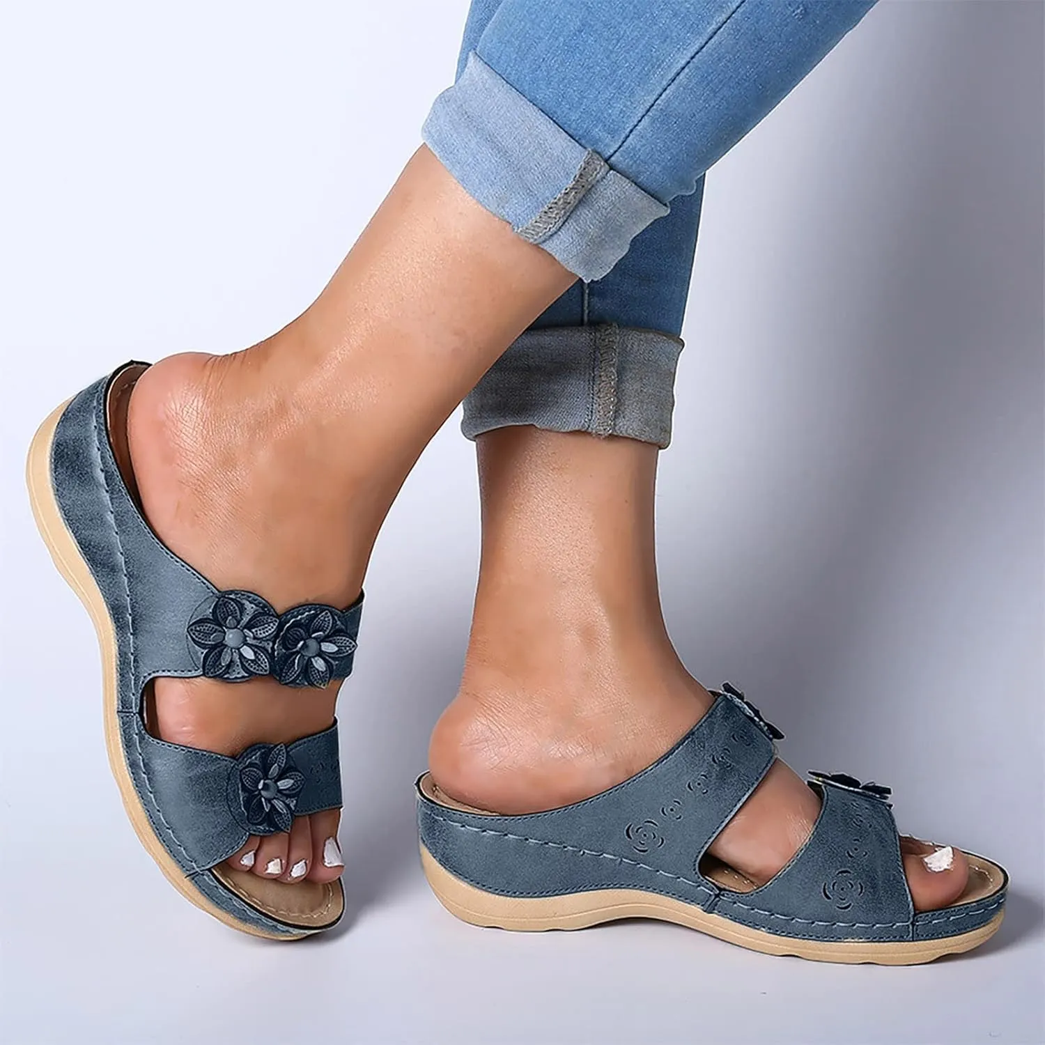 Eduavar Orthopedic Sandals for Women, Sandals Women Comfortable Wedge Sandals Slip On Floral Open Toe Platform Sandals