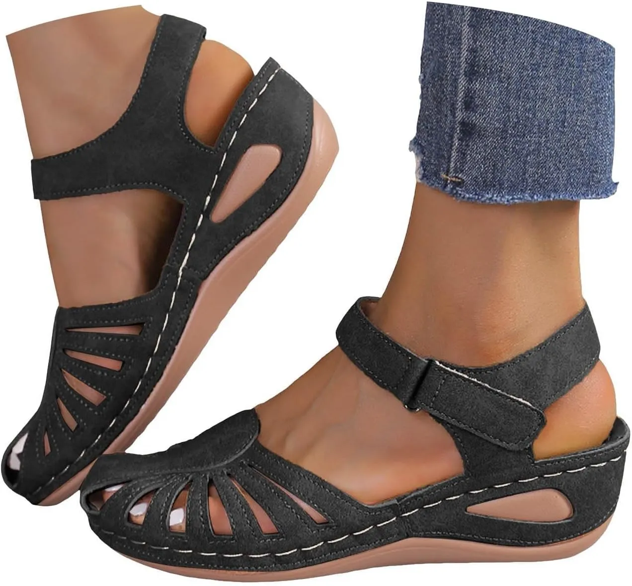 Eduavar Womens Sandals Casual Closed Toe Platform Outdoor Ankle Strap Dressy Wedge Sandals Beach Walking Lightweight Shoes